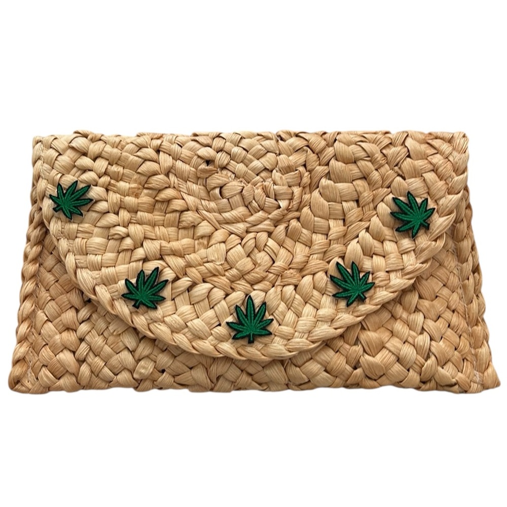 Natural Woven Straw Clutch with Green Leaf Details